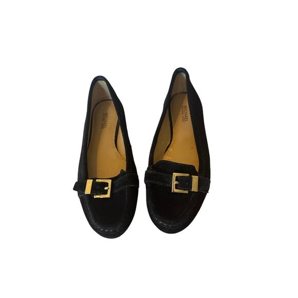 Michael Kors Women’s Loafers Size 6 Black Suede Gold Buckle Slip On Flats - Picture 1 of 5